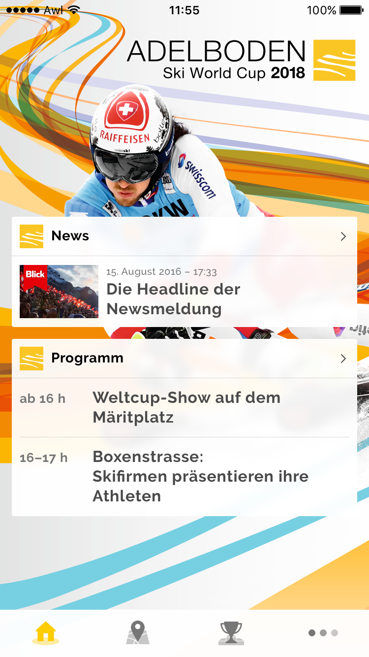 Ein Screenshot des Startbildschirms der Skiweltcup Adelboden Event-App.