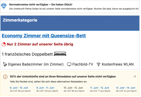Messages sur la rareté des disponibilités sur une plateforme de réservation