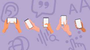 Accessibility header hands and mobile phones with purple background