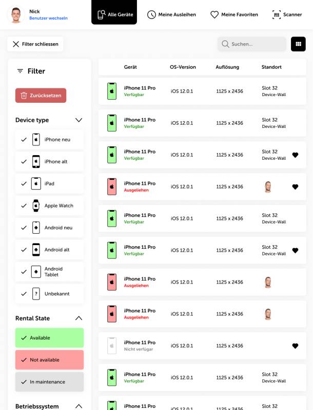 List view of all test devices