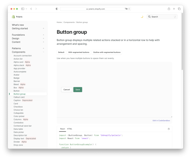 Screenshot mit Button Komponenten von Polaris
