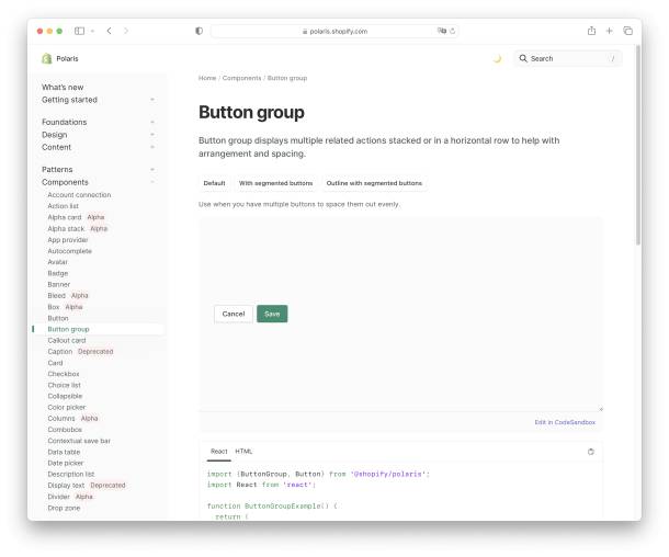 Screenshot with button components from Polaris