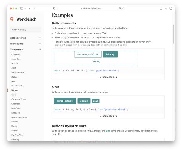 Screenshot with button components from Workbench