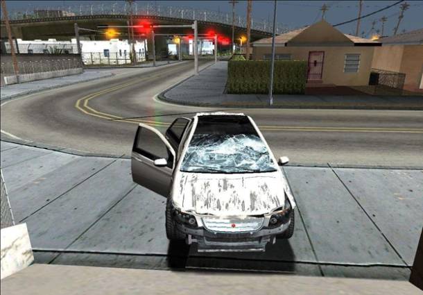 Bild eines verunfallten Autos in einem Game