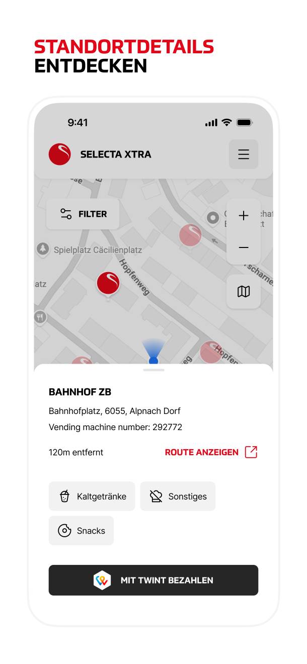Selecta Xtra App Screenshot mit Kartenansicht und Standortdetails
