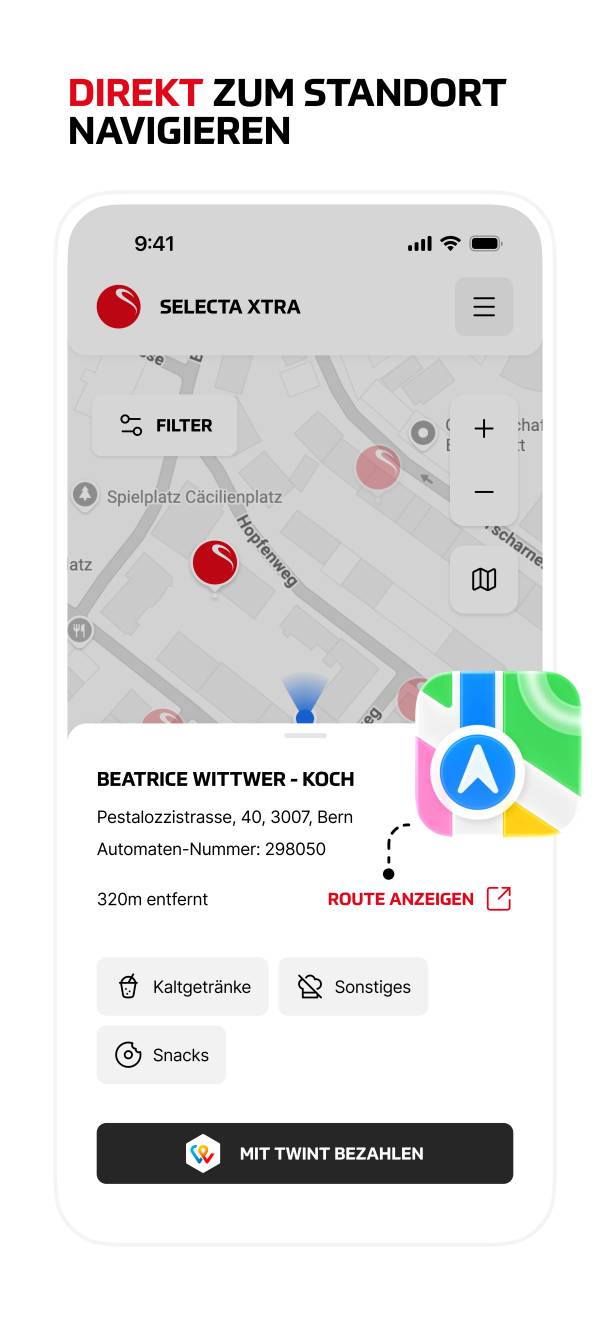 Selecta Xtra App Screenshot mit Navigationsfunktion