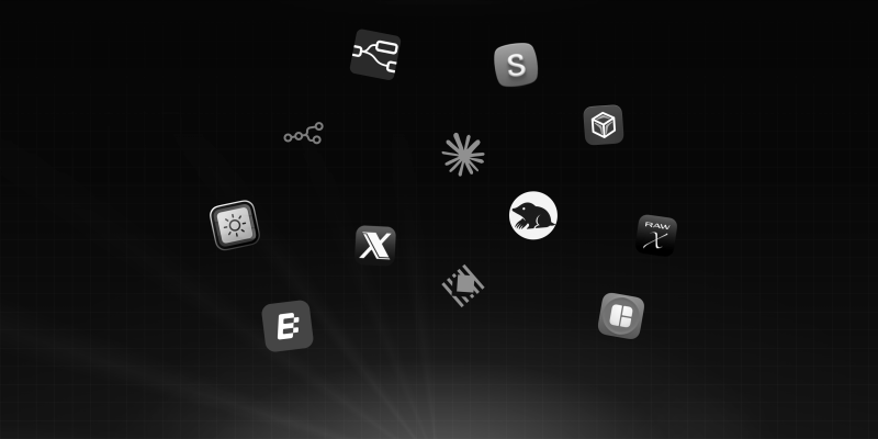 Icons verschiedener Entwicklungs- und Design-Tools auf einem dunklen Hintergrund