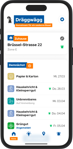 Dräggwägg home screen with the next waste collection dates