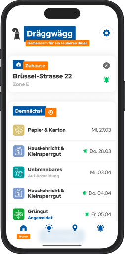 Écran d'accueil Dräggwägg avec les prochaines dates de collecte des déchets