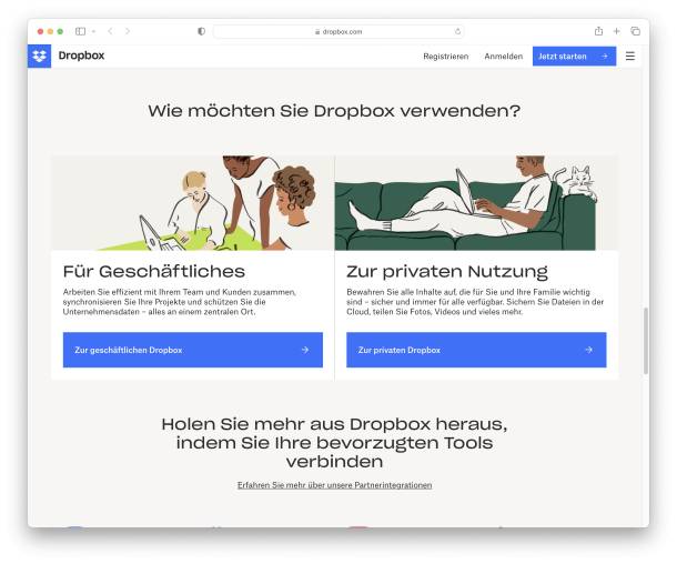 Screenshot of the Dropbox Landingpage