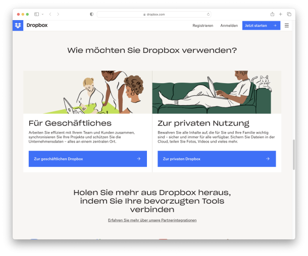 Screenshot der Dropbox Landingpage