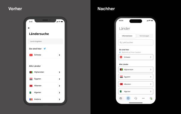 Country search in the Travel Admin app before and after the redesign