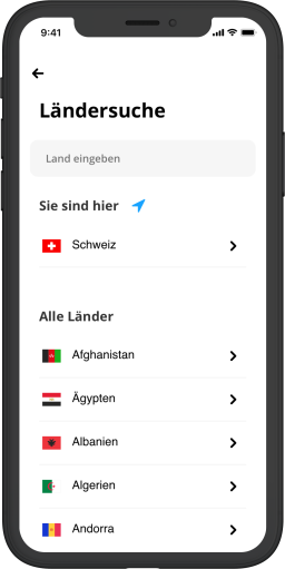 Ländersuche in Travel Admin App