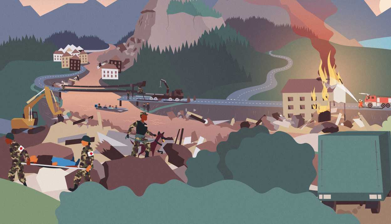 Illustration einer Umweltkatastrophe mit Armeeeinsatz