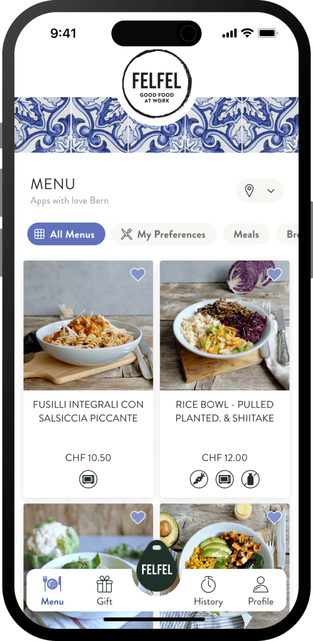 Menu overview in the FELFEL app