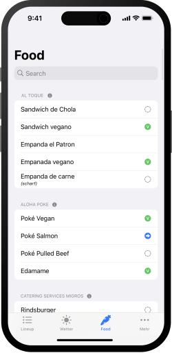 Screenshot der Guesche 2023 App: Food Übersicht