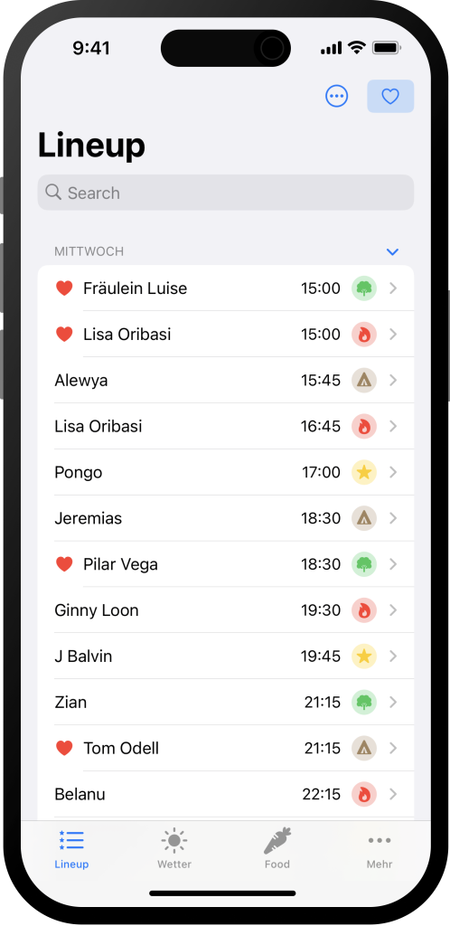 Screenshot Guesche 2023 hackathon app: Lineup Screen