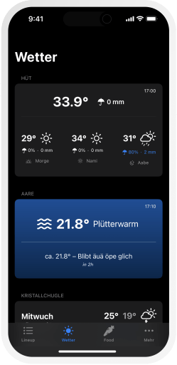 Screenshot der Guesche 2023 hackathon App: Wetteranzeige und Aaretemperatur