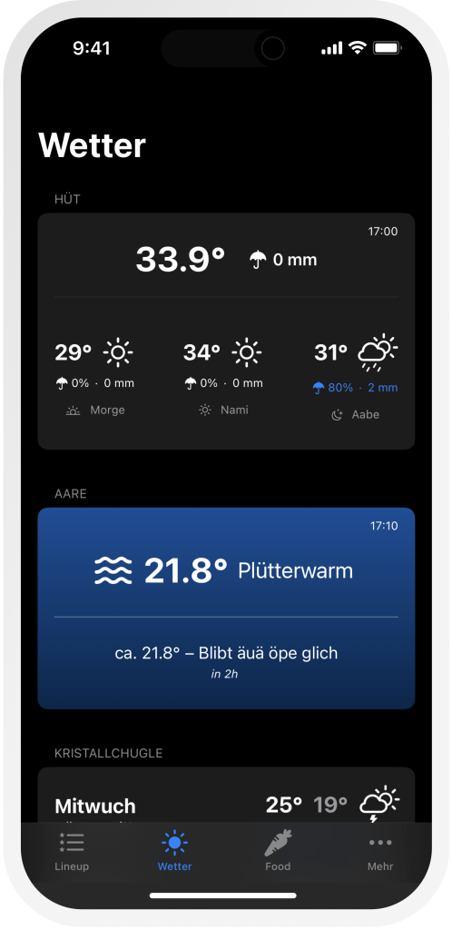Screenshot der Guesche 2023 hackathon App: Wetteranzeige und Aaretemperatur