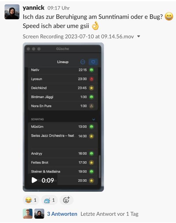 Slack-Screenshot: Bugfixing der Güsche App
