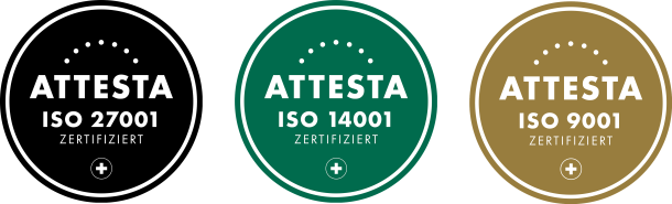Labels de certification pour la norme ISO 27001 en noir, ISO 14001 en vert et ISO 9001 en beige, proposés par Attesta