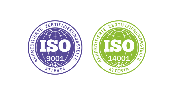 ISO 9001 and 14001 badges