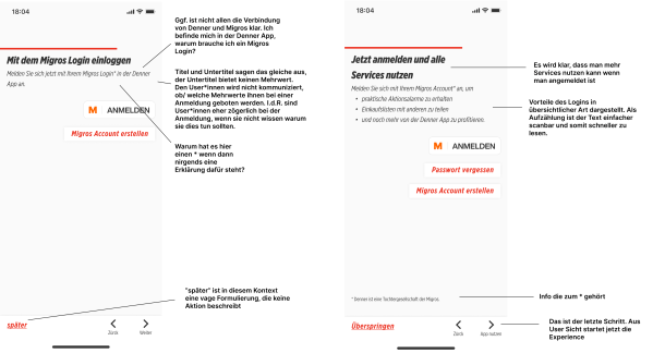 Denner App Login Screen vor und nach UX-Writing mit Kommentare