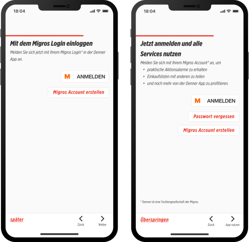 Denner App Login Screen vor und nach UX-Writing