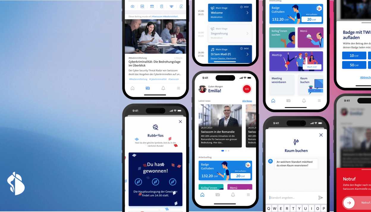 MIA - My Intranet App de Swisscom. Différents écrans
