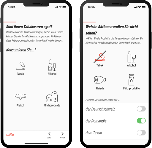 Denner App Präferenz Screens vor un nach UX-Writing