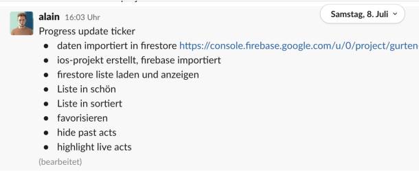 Screenshot aus Slack: Progress Update Güsche Hackathon 2023
