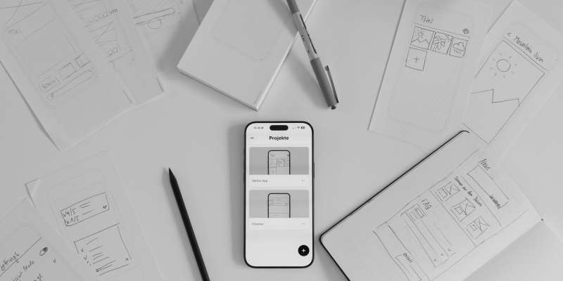 iPhone, darauf geöffnet die Prototyper App. Daneben liegen Skizzen und Stifte