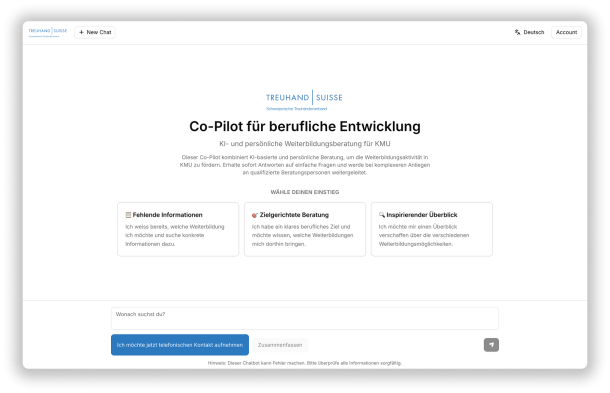 Screenshot Einstiegsseite für den Co-Pilot für berufliche Entwicklung