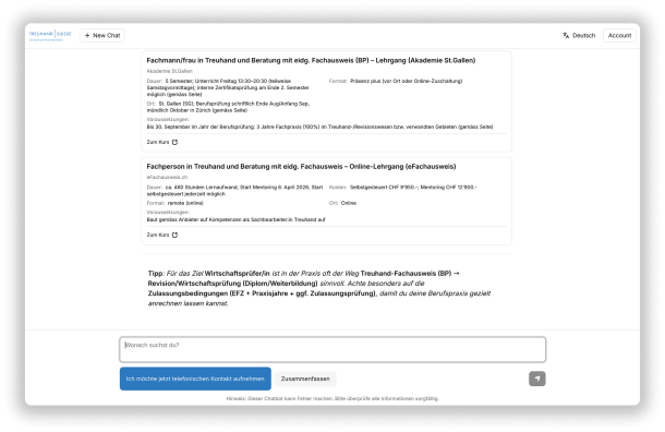 Chatbot-Interface mit Kursdetails und praktischen Tipps für die Treuhand-Laufbahn.