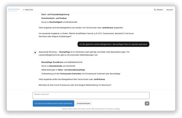 Co-Pilot Chatbot-Oberfläche mit verschiedenen Spezialisierungsrichtungen im Bereich der Baumpflege.