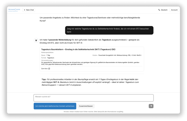 Chatbot-Interface mit Angeboten und Voraussetzungen für Tageskurse in Seilklettertechnik.