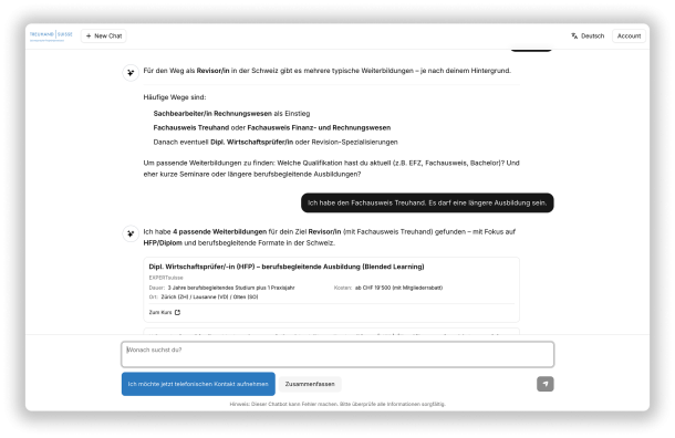 Chatbot-Oberfläche mit Weiterbildungsoptionen für den Weg zur Revisorin in der Schweiz.