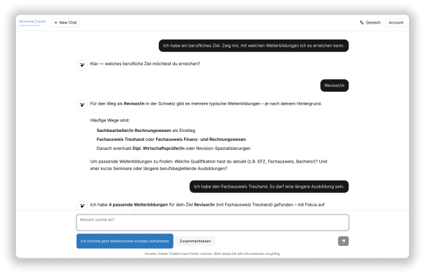Chatbot-Dialog über die typischen Karrierestufen und Voraussetzungen für angehende Revisorinnen.