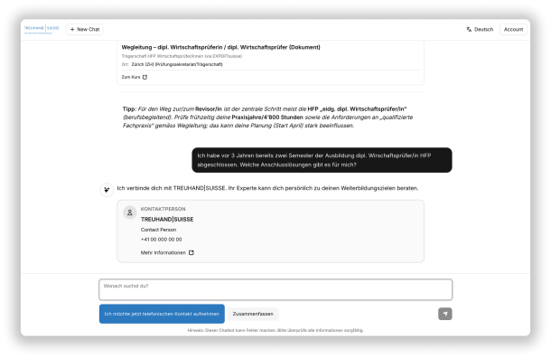 Chatbot UI wenn der Co-Pilot in komplexen Fällen die Kontaktangaben für eine Person angibt