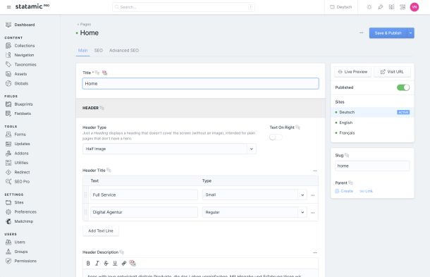 Benutzeroberfläche des Statamic Content Management Systems für die Pflege von Web-Inhalten