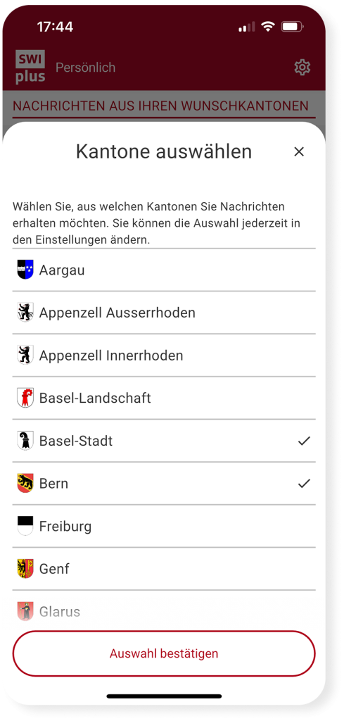 Kantonsauswahl in der SWIplus App