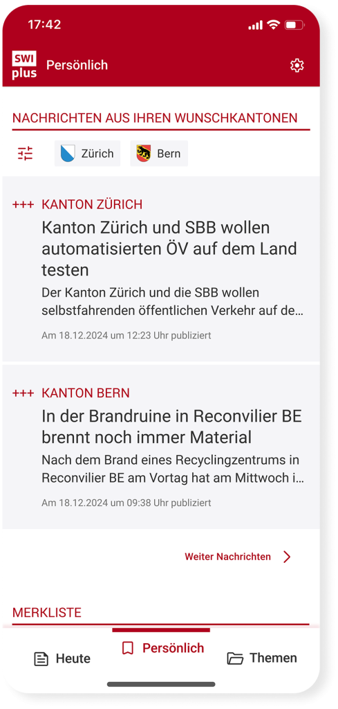 Bereich «Persönlich» mit Nachrichten aus ausgewählten Kantonen in der SWIplus App