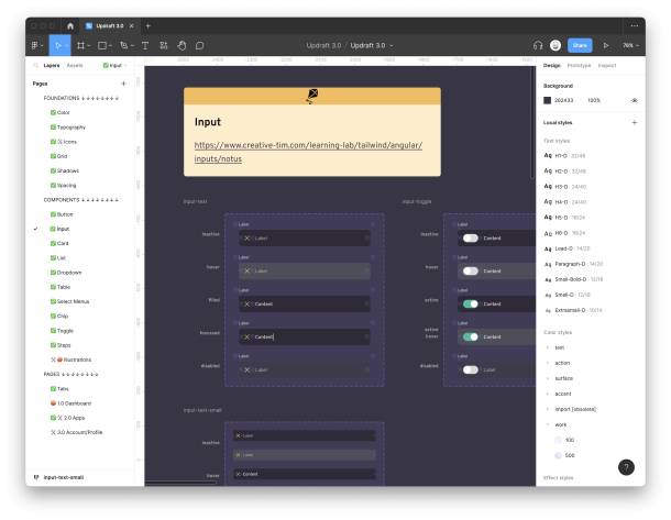 Screenshot of Updraft components in Figma: Input