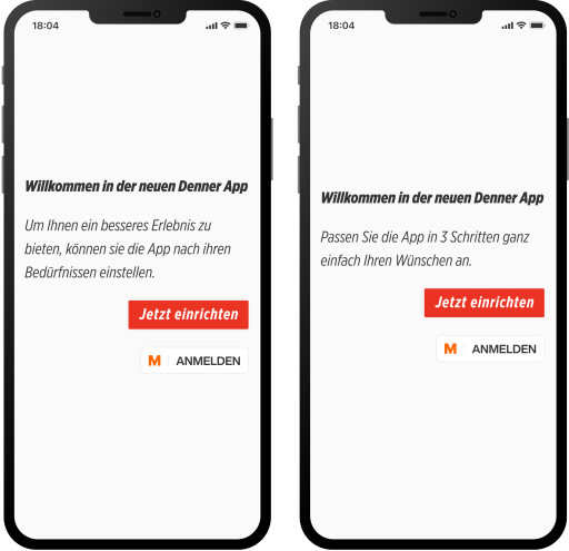 Denner App Welcome Screen vor und nach UX-Writing